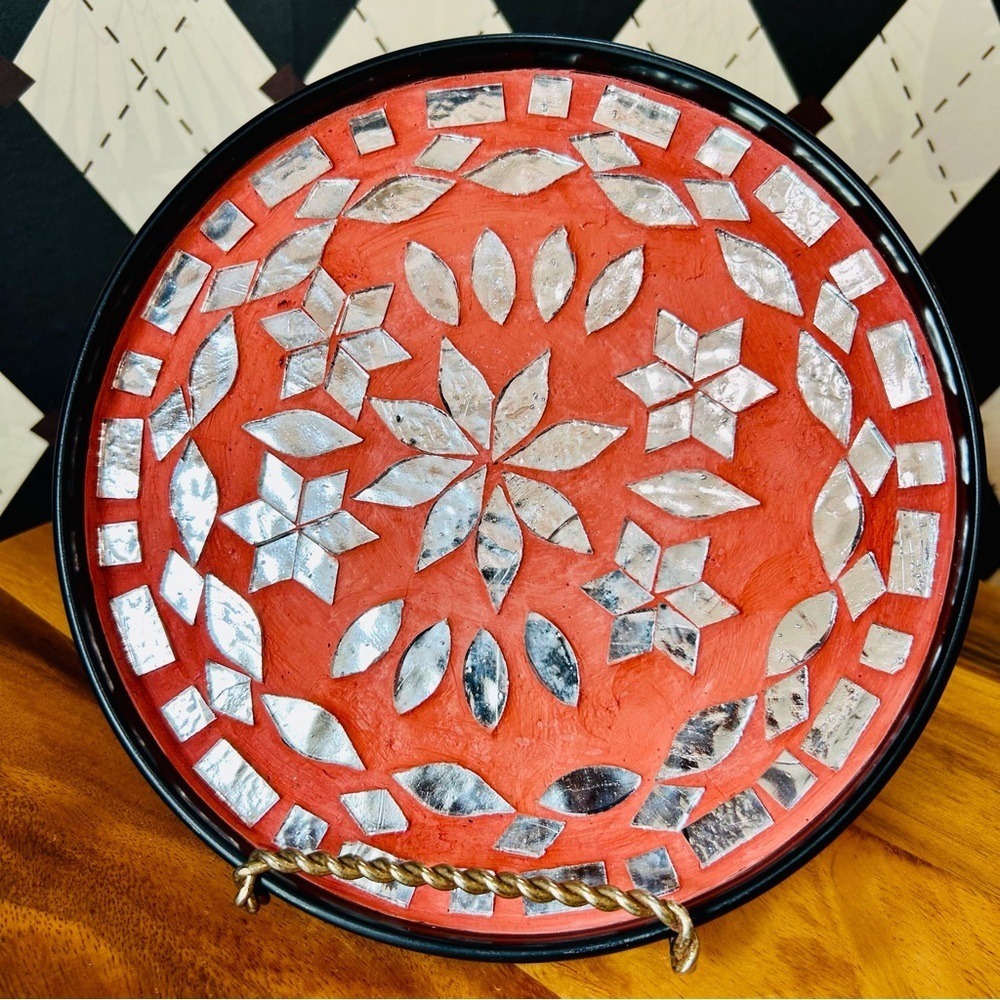 Vintage Portuguese Mosaic Floral Plate – Red & Silver Inlay Art 8"
